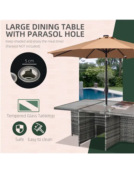 Outsunny 10 Seater Rattan Cube Garden Furniture Set with Parasol Hole, Rattan Dining Set with Cushions, Outdoor Dining Table and