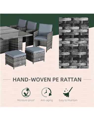 Outsunny 10 Seater Rattan Cube Garden Furniture Set with Parasol Hole, Rattan Dining Set with Cushions, Outdoor Dining Table and