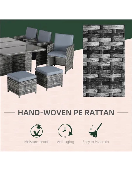 Outsunny 10 Seater Rattan Cube Garden Furniture Set with Parasol Hole, Rattan Dining Set with Cushions, Outdoor Dining Table and