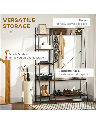 HOMCOM Clothes Rail, Metal Clothes Rack with Shoe Rack, 5 Tier Storage Shelves, 5 Side Hooks, Coat Stand for Bedroom, Living Roo