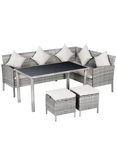 Outsunny 6-Seater Rattan Dining Set Sofa Table Footstool Outdoor w/ Cushion Garden Furniture