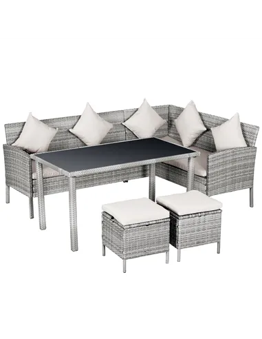 Outsunny 6-Seater Rattan Dining Set Sofa Table Footstool Outdoor w/ Cushion Garden Furniture