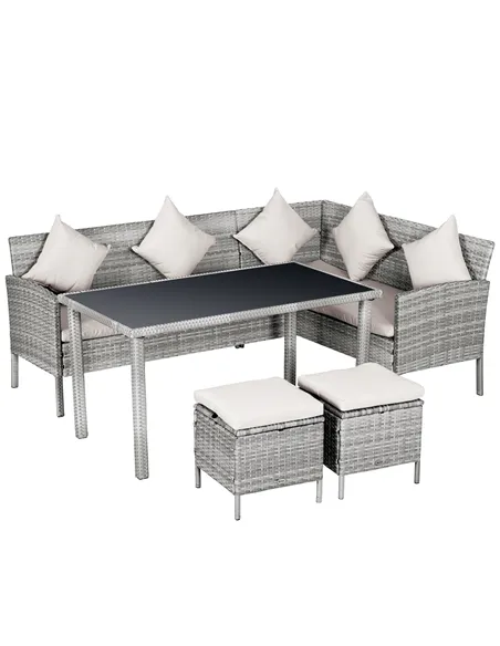 Outsunny 6-Seater Rattan Dining Set Sofa Table Footstool Outdoor w/ Cushion Garden Furniture