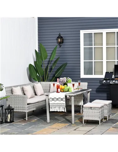 Outsunny 6-Seater Rattan Dining Set Sofa Table Footstool Outdoor w/ Cushion Garden Furniture