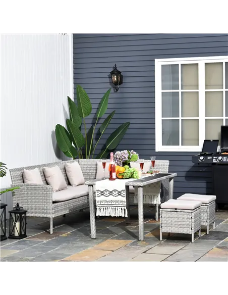 Outsunny 6-Seater Rattan Dining Set Sofa Table Footstool Outdoor w/ Cushion Garden Furniture