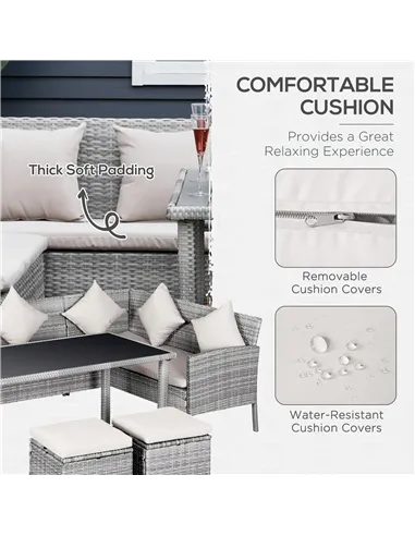 Outsunny 6-Seater Rattan Dining Set Sofa Table Footstool Outdoor w/ Cushion Garden Furniture