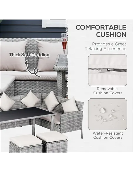 Outsunny 6-Seater Rattan Dining Set Sofa Table Footstool Outdoor w/ Cushion Garden Furniture