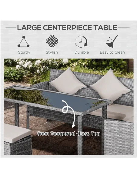 Outsunny 6-Seater Rattan Dining Set Sofa Table Footstool Outdoor w/ Cushion Garden Furniture