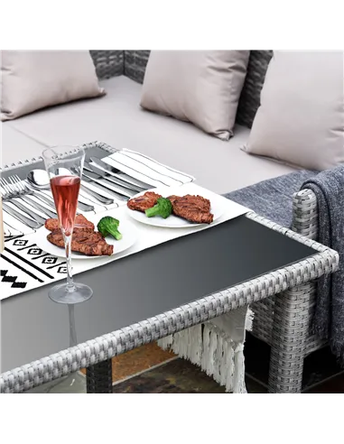 Outsunny 6-Seater Rattan Dining Set Sofa Table Footstool Outdoor w/ Cushion Garden Furniture