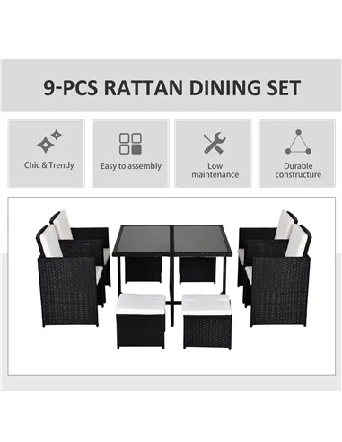Outsunny 8 Seater Rattan Cube Garden Furniture Set, Rattan Dining Set with Cushions, Outdoor Dining Table and Chairs with 4 Armc