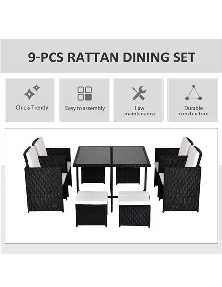 Outsunny 8 Seater Rattan Cube Garden Furniture Set, Rattan Dining Set with Cushions, Outdoor Dining Table and Chairs with 4 Armc