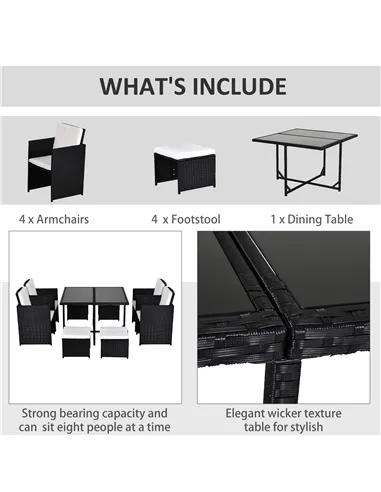 Outsunny 8 Seater Rattan Cube Garden Furniture Set, Rattan Dining Set with Cushions, Outdoor Dining Table and Chairs with 4 Armc