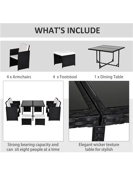 Outsunny 8 Seater Rattan Cube Garden Furniture Set, Rattan Dining Set with Cushions, Outdoor Dining Table and Chairs with 4 Armc