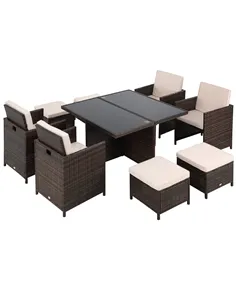 Outsunny 8 Seater Rattan Cube Garden Furniture Set, Rattan Dining Set with Cushions, Outdoor Dining Table and Chairs with 4 Armc