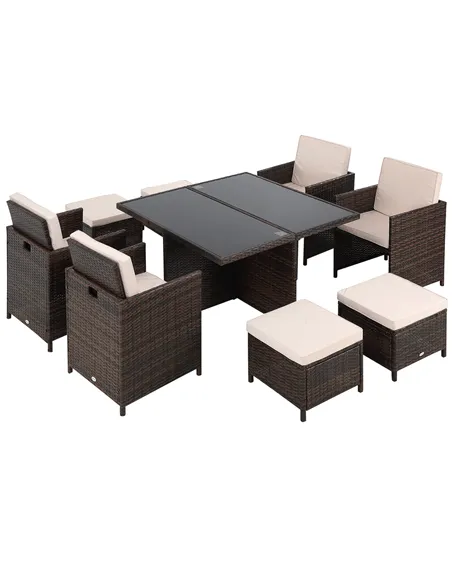 Outsunny 8 Seater Rattan Cube Garden Furniture Set, Rattan Dining Set with Cushions, Outdoor Dining Table and Chairs with 4 Armc