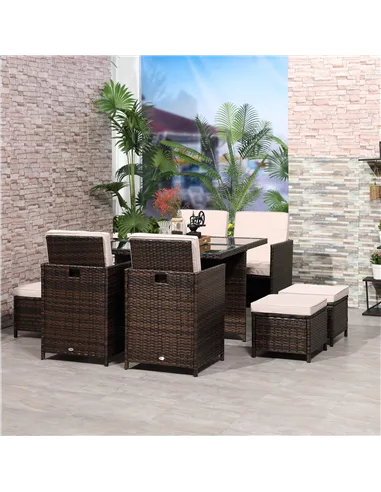 Outsunny 8 Seater Rattan Cube Garden Furniture Set, Rattan Dining Set with Cushions, Outdoor Dining Table and Chairs with 4 Armc