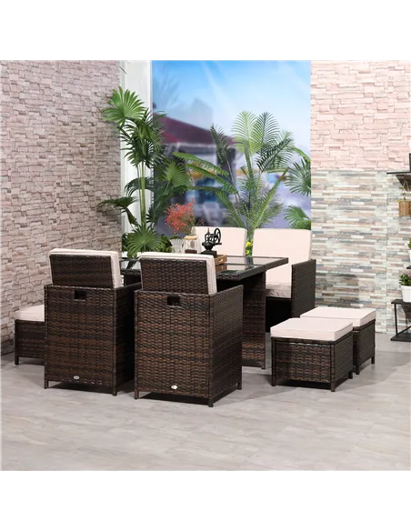Outsunny 8 Seater Rattan Cube Garden Furniture Set, Rattan Dining Set with Cushions, Outdoor Dining Table and Chairs with 4 Armc