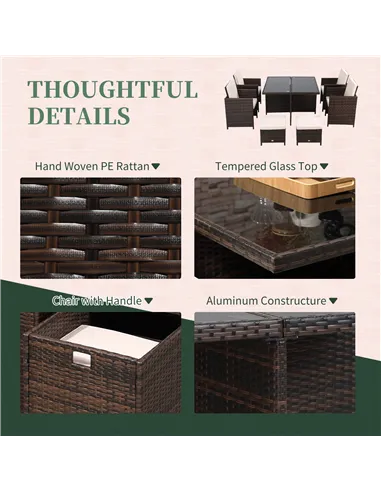 Outsunny 8 Seater Rattan Cube Garden Furniture Set, Rattan Dining Set with Cushions, Outdoor Dining Table and Chairs with 4 Armc