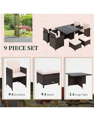 Outsunny 8 Seater Rattan Cube Garden Furniture Set, Rattan Dining Set with Cushions, Outdoor Dining Table and Chairs with 4 Armc