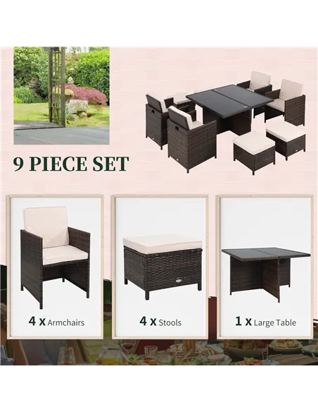 Outsunny 8 Seater Rattan Cube Garden Furniture Set, Rattan Dining Set with Cushions, Outdoor Dining Table and Chairs with 4 Armc
