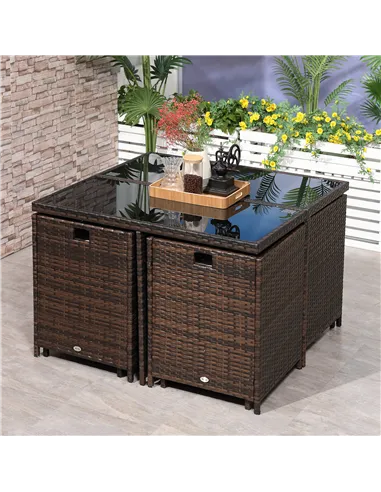 Outsunny 8 Seater Rattan Cube Garden Furniture Set, Rattan Dining Set with Cushions, Outdoor Dining Table and Chairs with 4 Armc