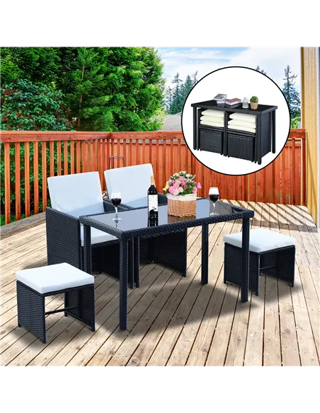 Outsunny 2 Seater Rattan Cube Garden Furniture Set, Rattan Dining Set with Cushions, Outdoor Dining Table and Chairs with 2 Armc