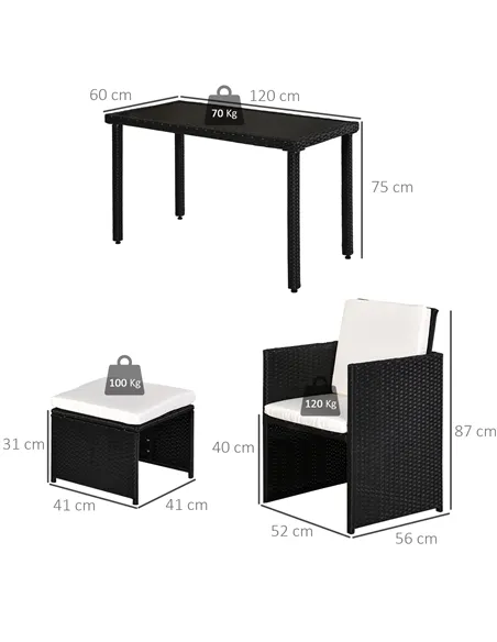 Outsunny 2 Seater Rattan Cube Garden Furniture Set, Rattan Dining Set with Cushions, Outdoor Dining Table and Chairs with 2 Armc