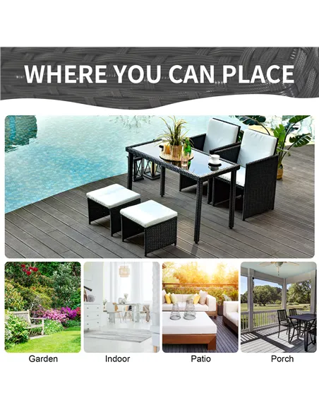 Outsunny 2 Seater Rattan Cube Garden Furniture Set, Rattan Dining Set with Cushions, Outdoor Dining Table and Chairs with 2 Armc