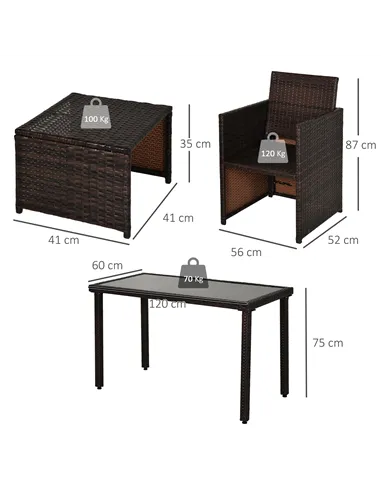 Outsunny 2 Seater Rattan Cube Garden Furniture Set, Rattan Dining Set with Cushions, Outdoor Dining Table and Chairs with 2 Armc
