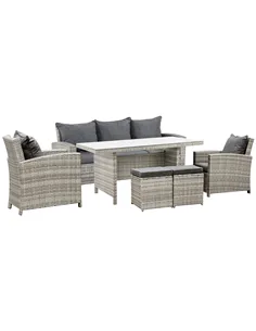 Outsunny 6 Pieces PE Rattan Garden Furniture Set with Three-seat, Armchairs and Footstools, Aluminium Patio Wicker Dining Sets w