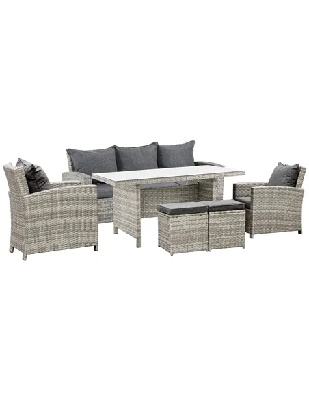 Outsunny 6 Pieces PE Rattan Garden Furniture Set with Three-seat, Armchairs and Footstools, Aluminium Patio Wicker Dining Sets w