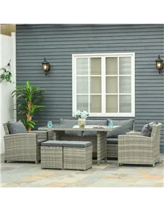 Outsunny 6 Pieces PE Rattan Garden Furniture Set with Three-seat, Armchairs and Footstools, Aluminium Patio Wicker Dining Sets w 2