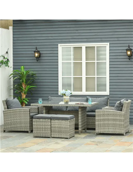Outsunny 6 Pieces PE Rattan Garden Furniture Set with Three-seat, Armchairs and Footstools, Aluminium Patio Wicker Dining Sets w