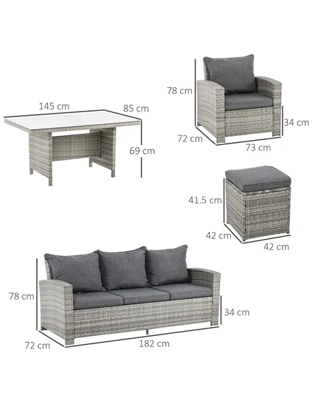 Outsunny 6 Pieces PE Rattan Garden Furniture Set with Three-seat, Armchairs and Footstools, Aluminium Patio Wicker Dining Sets w