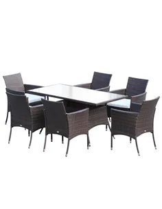 Outsunny 6 Seater Rattan Dining Set with Cushions, Rattan Garden Furniture Set with 6 Armchairs, Rectangular Glass Top Table, Ou