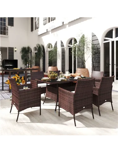 Outsunny 6 Seater Rattan Dining Set with Cushions, Rattan Garden Furniture Set with 6 Armchairs, Rectangular Glass Top Table, Ou