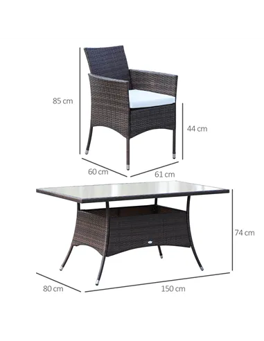 Outsunny 6 Seater Rattan Dining Set with Cushions, Rattan Garden Furniture Set with 6 Armchairs, Rectangular Glass Top Table, Ou