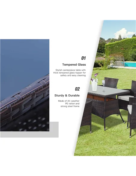 Outsunny 6 Seater Rattan Dining Set with Cushions, Rattan Garden Furniture Set with 6 Armchairs, Rectangular Glass Top Table, Ou