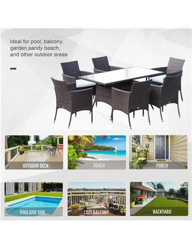 Outsunny 6 Seater Rattan Dining Set with Cushions, Rattan Garden Furniture Set with 6 Armchairs, Rectangular Glass Top Table, Ou