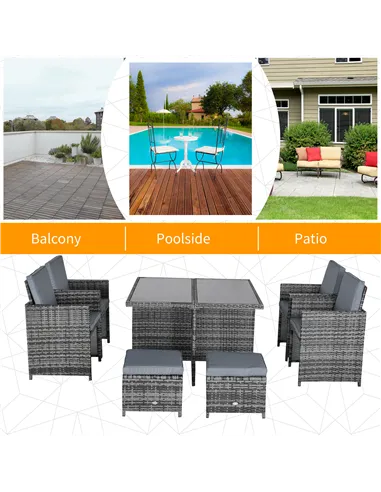 Outsunny 8-Seater Rattan Dining Set Garden Furniture Cushion Seat Woven Rattan Grey
