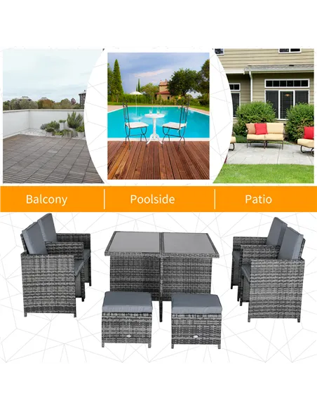 Outsunny 8-Seater Rattan Dining Set Garden Furniture Cushion Seat Woven Rattan Grey
