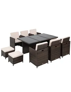 Outsunny 10 Seater Rattan Cube Garden Furniture Set with Parasol Hole, Rattan Dining Set with Cushions, Outdoor Dining Table and