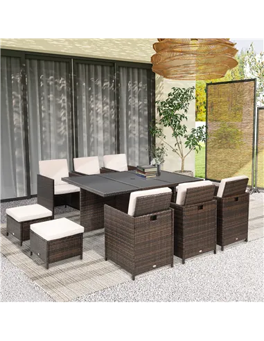 Outsunny 10 Seater Rattan Cube Garden Furniture Set with Parasol Hole, Rattan Dining Set with Cushions, Outdoor Dining Table and