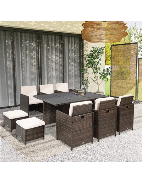 Outsunny 10 Seater Rattan Cube Garden Furniture Set with Parasol Hole, Rattan Dining Set with Cushions, Outdoor Dining Table and