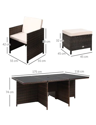 Outsunny 10 Seater Rattan Cube Garden Furniture Set with Parasol Hole, Rattan Dining Set with Cushions, Outdoor Dining Table and