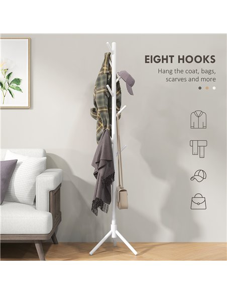 HOMCOM Eight-Hook Wooden Coat Rack - White