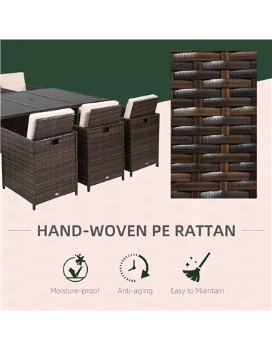 Outsunny 10 Seater Rattan Cube Garden Furniture Set with Parasol Hole, Rattan Dining Set with Cushions, Outdoor Dining Table and