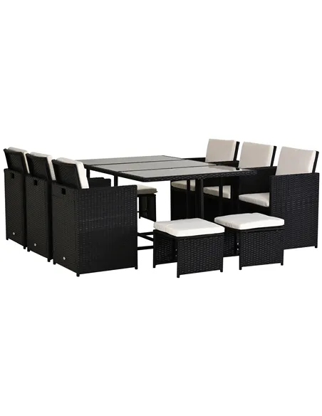 Outsunny Rattan Dining Set Garden Furniture Patio set 11 PC with Cushion Black /Milk White
