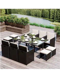 Outsunny Rattan Dining Set Garden Furniture Patio set 11 PC with Cushion Black /Milk White 2