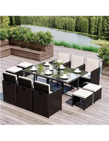 Outsunny Rattan Dining Set Garden Furniture Patio set 11 PC with Cushion Black /Milk White